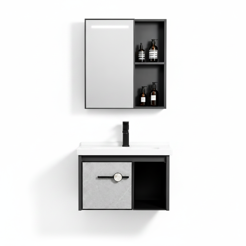 MUEBLE DE BAÑO DE FIBRA DE CARBON + ESPEJO CON SENSOR LED - SH602 GRIS - FRATELLI